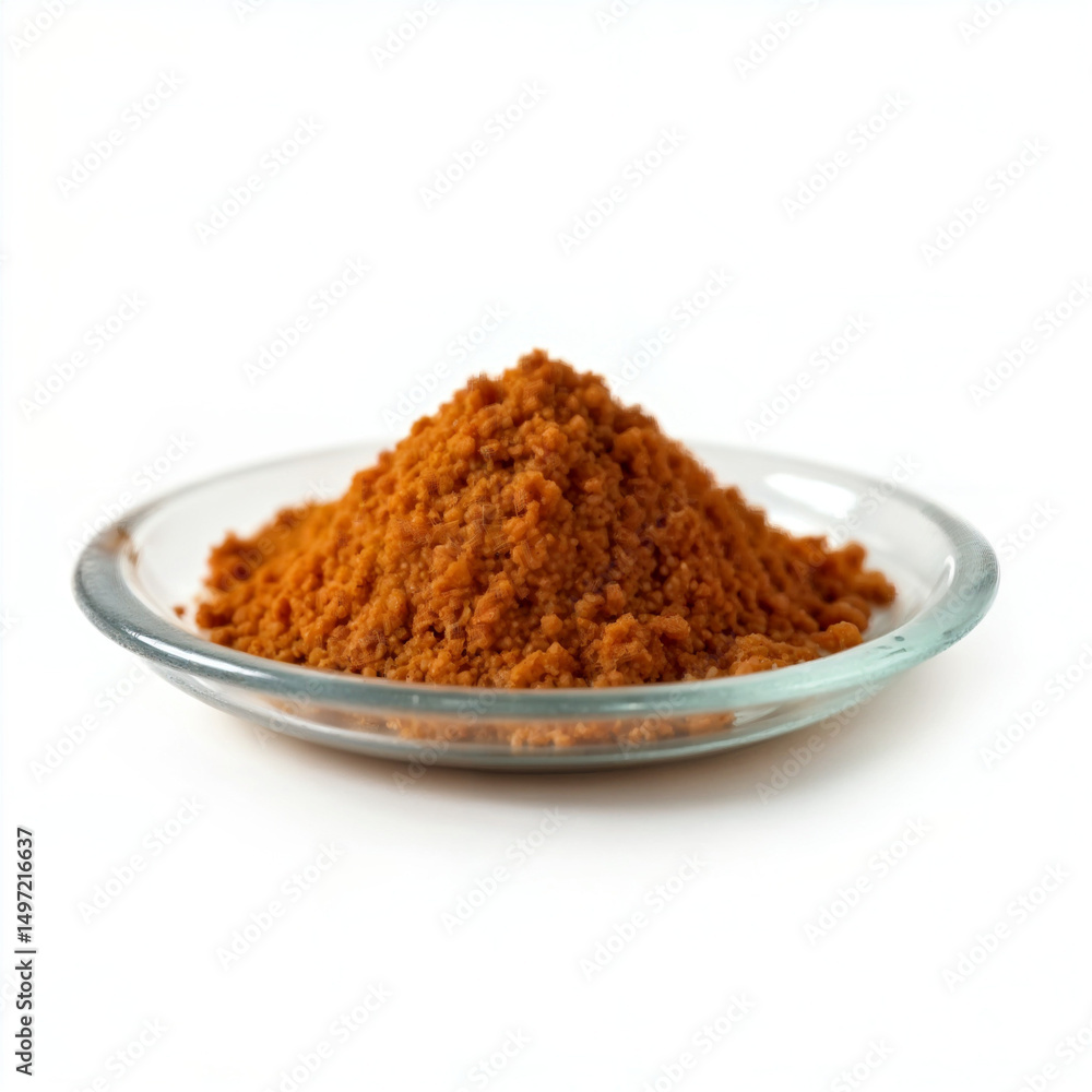 Photorealistic Transparent Glass Plate with Heaped Ground Brown Spice Powder on White Background – High-Resolution Studio Food Ingredient Image Photorealistic Transparent Glass Plate with Heaped Ground Brown Spice Powder on White Background – High-Resolution Studio Food Ingredient Image