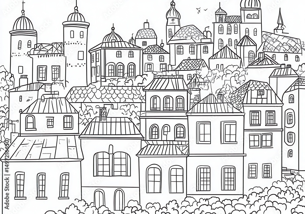 Schwarz-Weiß-Illustration einer europäischen Stadtlandschaft Schwarz-Weiß-Illustration einer europäischen Stadtlandschaft