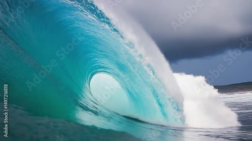 A powerful ocean wave with white foam, conveying the raw force of nature and dynamic water movement. Ideal for nature, weather, and environmental themes.