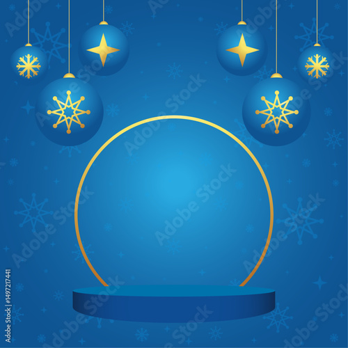 Blue Christmas background vector with hanging ornament ball decoration, snowflake pattern, and circular podium stage for holiday celebration, winter festive display design