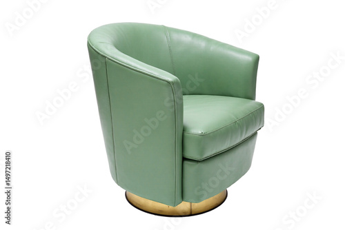 Chic light green fabric upholstered swivel barrel chair with a curved back and a round golden metal base, a stylish accent piece for contemporary living room or lounge area, isolated