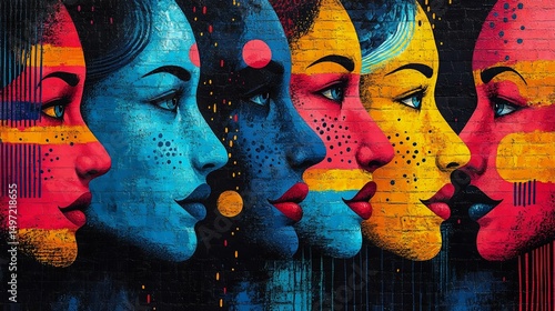 Vibrant mural depicting profiles of women with bold colors and intricate designs, showcasing diversity and artistic expression.
