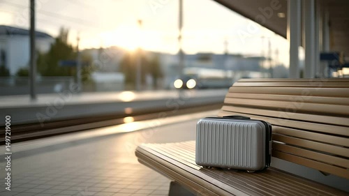 A peaceful morning on a train platform with a suitcase and bench