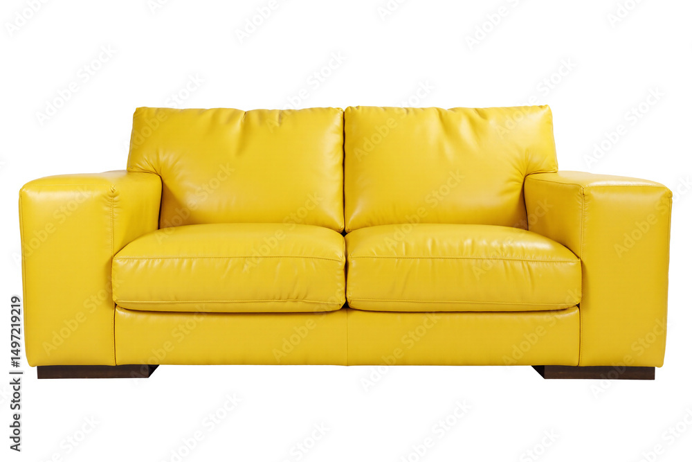 Fototapeta premium Vibrant bright yellow two-seater sofa with a classic contemporary design, comfortable upholstered seating furniture for modern living spaces, isolated against a seamless transparent backdrop