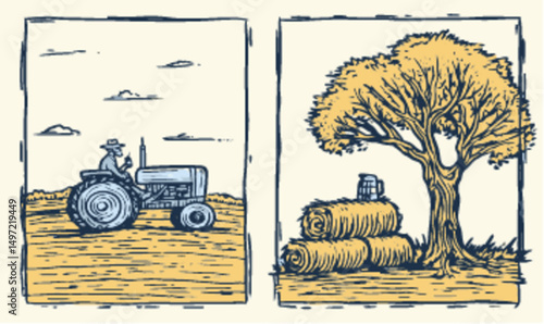 Detailed Vintage Illustration of Farmer with Tractor and Hay Bales
