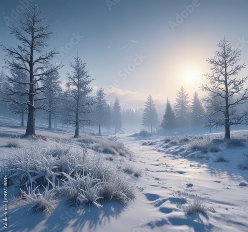 Frosty blue winter landscape with delicate snowflake silhouettes , silhouette, subtle, ice crystals