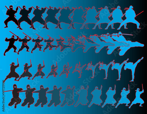 Ninja warriors in motion. A silhouetted martial arts display