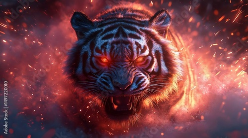 Wallpaper Mural Vibrant and powerful tiger with glowing eyes emerges from fiery sparks, showcasing fierce beauty and wild energy, perfect for wildlife enthusiasts. Torontodigital.ca
