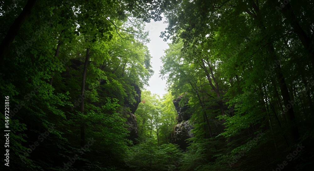 Fototapeta premium Lush Green Forest Canopy with Sunlight Peeking Through the Trees