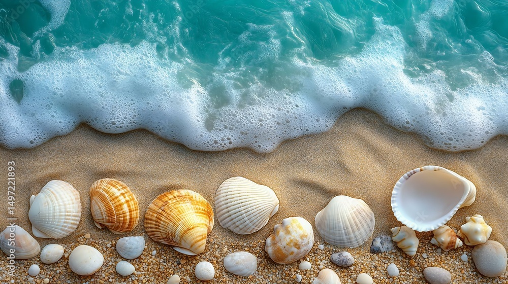 Close-up of colorful seashells on sandy beach with gentle waves lapping at the shore. Ideal for summer, beach, and nature themes. Close-up of colorful seashells on sandy beach with gentle waves lapping at the shore. Ideal for summer, beach, and nature themes.