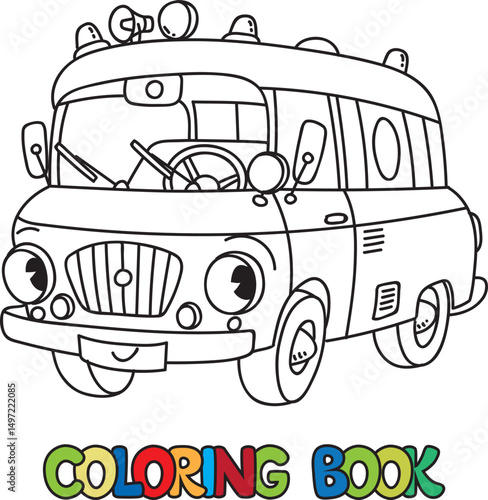 Funny retro ambulance car with eyes. Coloring book