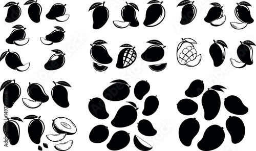Black and white mango illustrations collection tropical fruit design elements