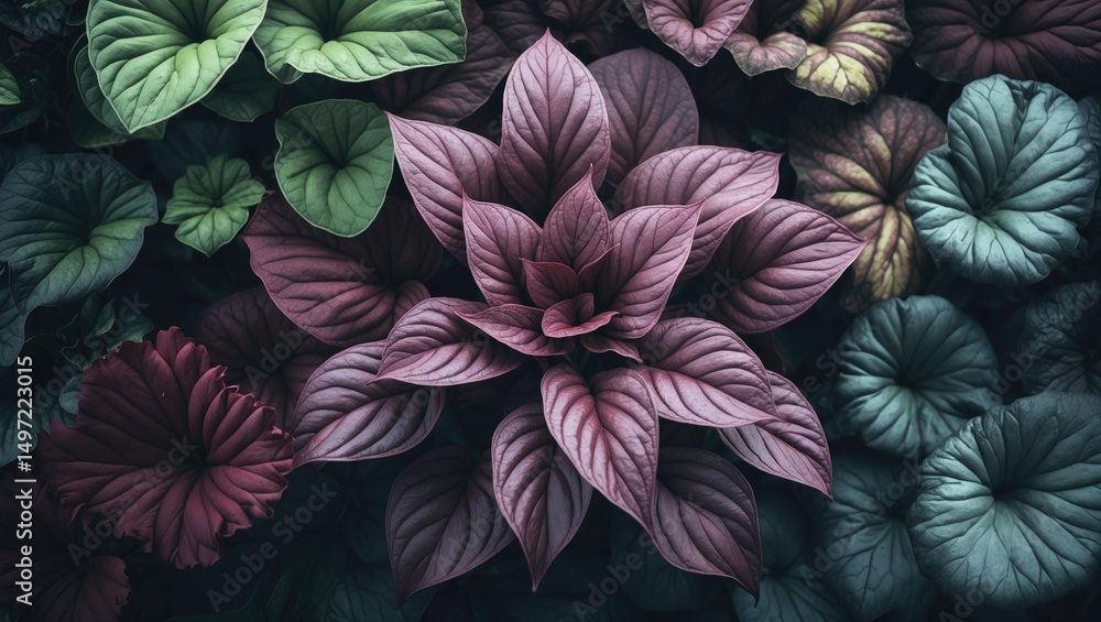 Naklejka premium A variety of colorful leaves with large, textured, purple and green foliage.