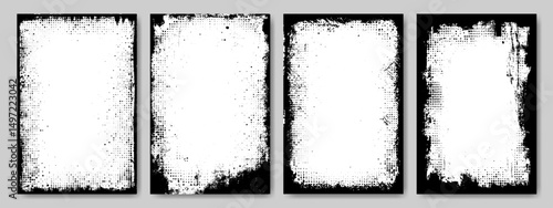 Set of grunge frame pattern with halftone texture and overlay paint brush stroke for social media business banner. Retro comic torn paper border or watercolor silhouette art for fashion photo collage.