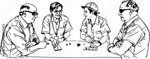 Four retired men playing cards at a table during a friendly game  