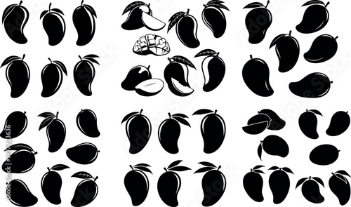 Black and white mango fruit silhouettes collection
