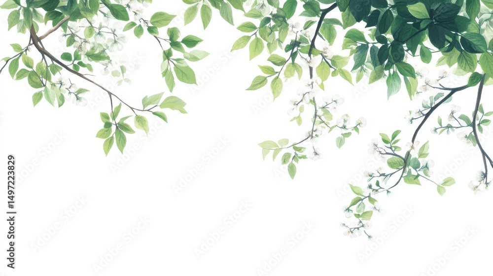 Lush Green Leaves and Delicate White Blossoms Nature's Frame Lush Green Leaves and Delicate White Blossoms Nature's Frame