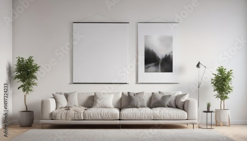 Modern living room, minimalist poster mockup hanging on clips against a white wall ,  branding,  visual