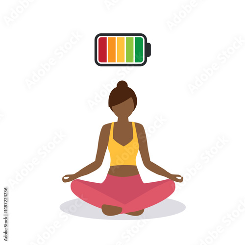 meditating woman with fully charged battery isolated vector illustration