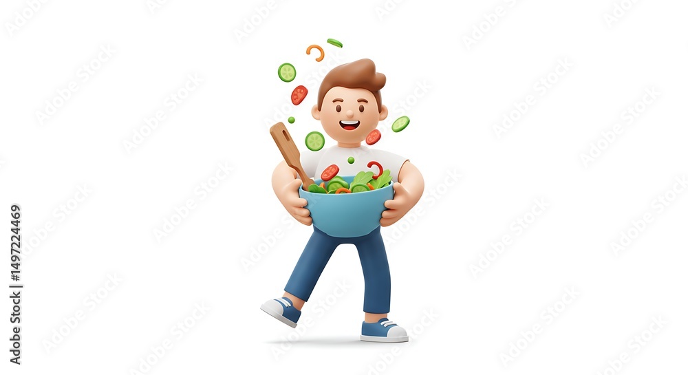 Fototapeta premium Cartoon Character Holding a Bowl of Flying Salad