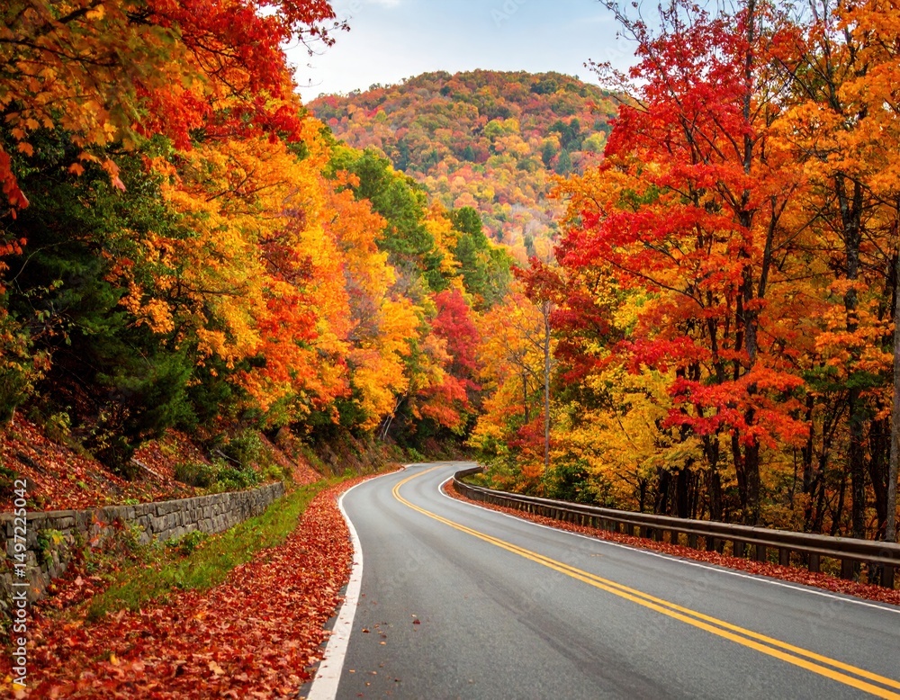 Obraz premium Scenic autumn road through vibrant forest and colorful foliage in mountain landscape
