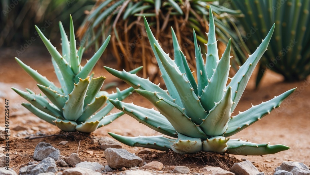 Fototapeta premium Two large succulent plants in a desert-like environment with rocks and dry soil. The plants have thick, pointed leaves and are surrounded by other cacti and desert vegetation.
