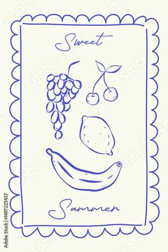 Summer card in retro sketch style on white background. Blue rough ink lines and handwritten text Sweet summer. Grape, banana, lemon and cherry in whimsical frame. For background, poster, cover
