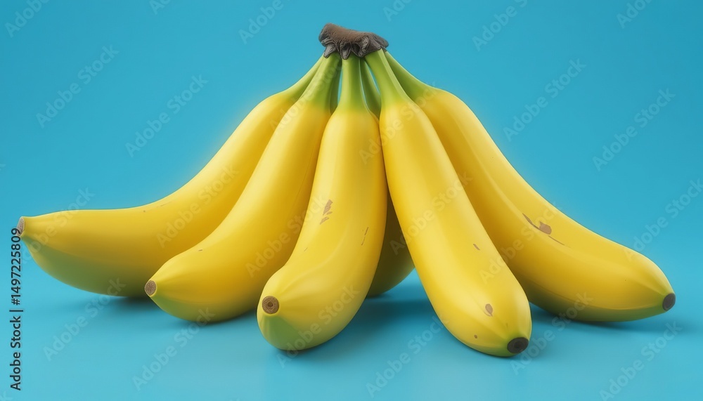 A bunch of ripe yellow bananas clustered together on a solid light blue background in a studio shot A bunch of ripe yellow bananas clustered together on a solid light blue background in a studio shot