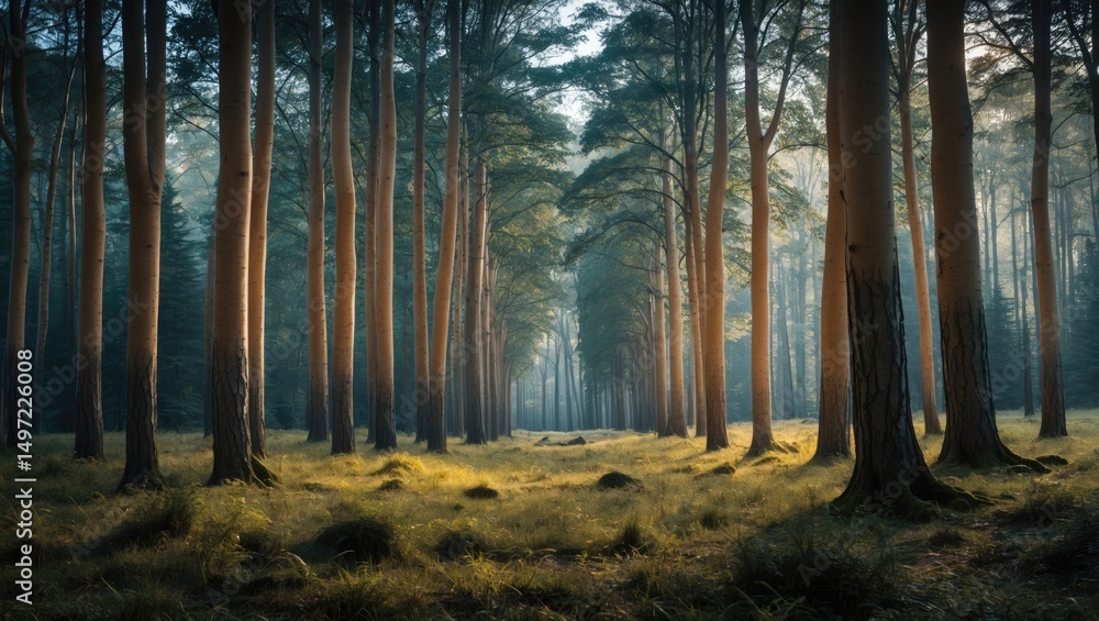 Naklejka premium Dense forest with tall trees and sunlight filtering through, lush greenery, tranquil natural scenery, peaceful environment.