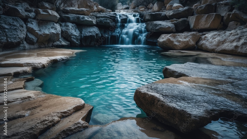 Naklejka premium Rocky river with turquoise water and small waterfall with boulders along the riverbank. Nature scene, calm river, rocks, and water.