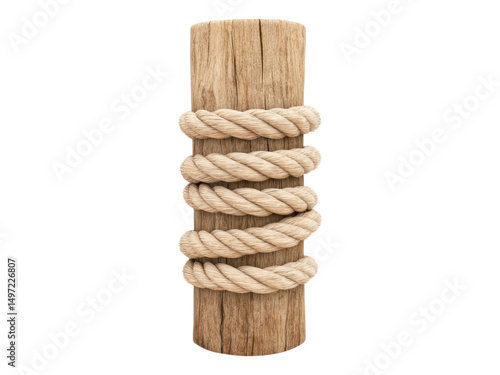 Isolated Wooden Post Wrapped with Rope on Transparent Background