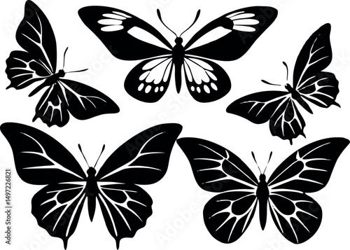 Set Of Butterflies silhouette.  Butterfly collection. Beautiful nature flying insect exotic butterflies with funny wings vector illustration