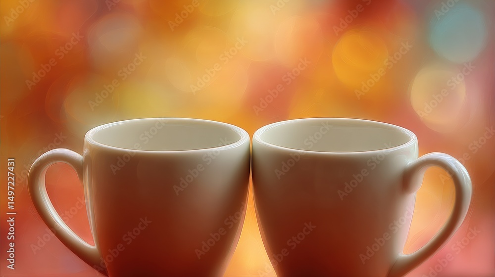Obraz premium White mugs gently meet in center frame, surrounded by warm colors and blurred background..