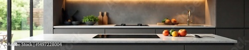 A sleek, modern kitchen countertop with a built-in induction stovetop  Clean lines, minimalist design, perfect for culinary inspiration ,  home,  modern