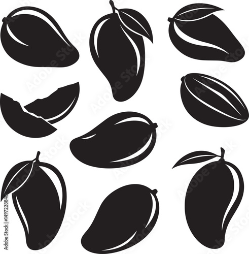 Collection of black and white mango silhouettes various shapes and stages
