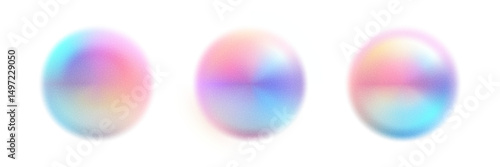 Iridescent gradation sphere with noisy texture. Pearlescent gradient mesh ball with grain pattern. Circular glowing object. Holographic paint blob. Vector illustration