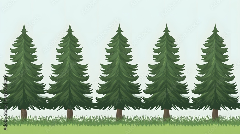 Obraz premium Five Evergreen Trees Meadow Landscape Illustration