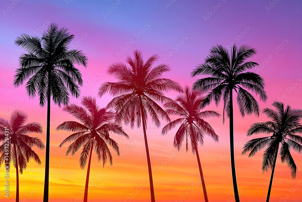 Obraz premium Tropical palm trees silhouetted against a vibrant sunset sky