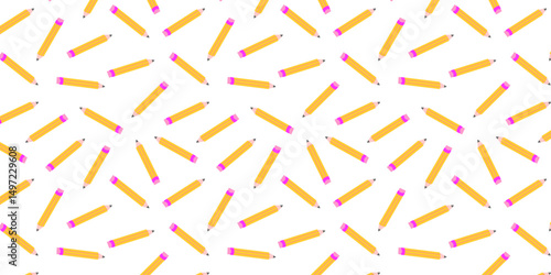 Cute school pencil seamless background, school pattern vector. Playful school pattern. Yellow cartoon pencils with erasers and metal bands in fun, dynamic layout.