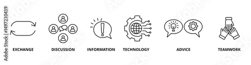 Communication icon set with exchange, discussion, information, technology, advice, and teamwork