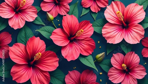 Wallpaper Mural Bold hibiscus blooms, stylized repeating design, saturated color , red, foliage Torontodigital.ca