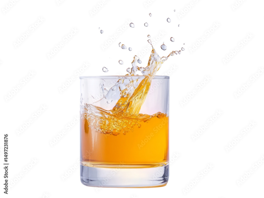 Splashing Orange Liquid in Glass with Isolated Transparent Background Splashing Orange Liquid in Glass with Isolated Transparent Background