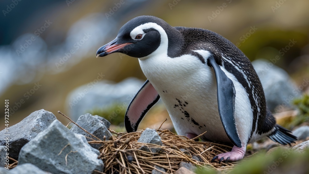 Naklejka premium Young penguin on a nest among rocks and twigs.