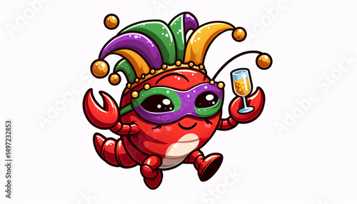 Funny cartoon crawfish in Mardi Gras shoes and mask dancing joyfully in vector sticker style