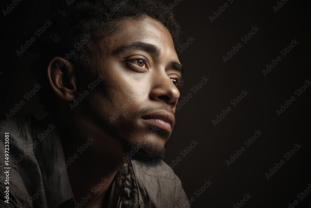 Obraz premium Thoughtful man gazing into distance, highlighting facial expressions and emotions, wearing a patterned shirt. Soft lighting accentuates features, creating a contemplative mood