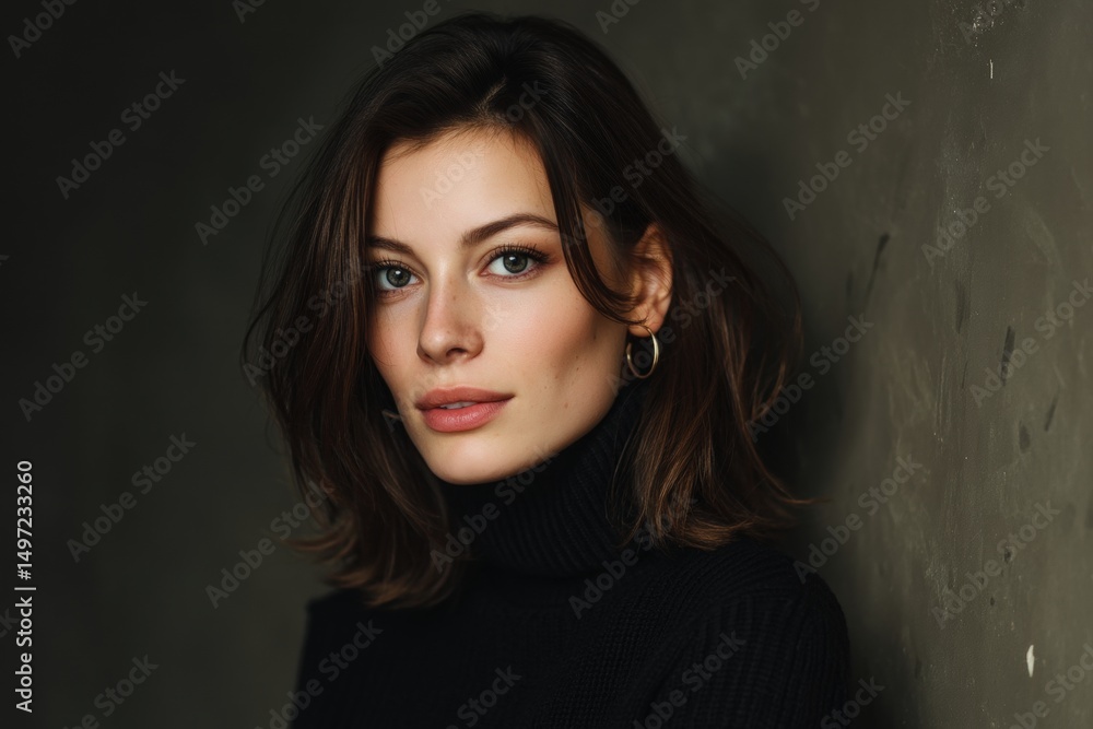 Portrait of a woman with short brown hair wearing a black turtleneck and gold hoop earrings, leaning against a textured wall. Her expression is calm, and she gazes directly Portrait of a woman with short brown hair wearing a black turtleneck and gold hoop earrings, leaning against a textured wall. Her expression is calm, and she gazes directly