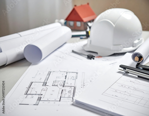 Architecture concept showcasing house blueprints, tools,  safety helmet, representing planning, construction,  home design. Ideal for real estate, architecture.