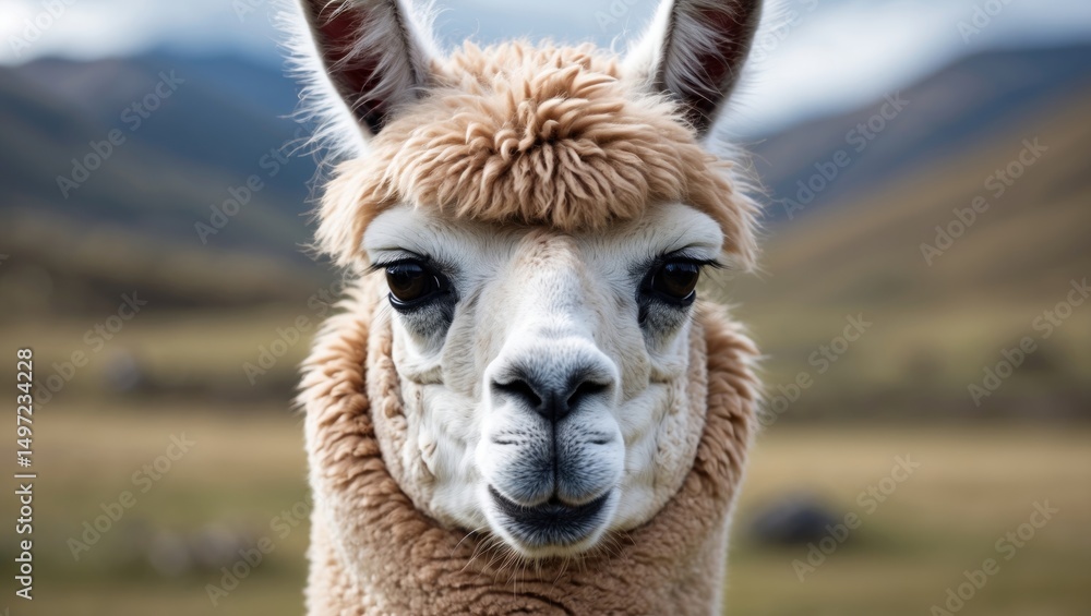 Obraz premium Close-up of a llama's face in a natural landscape with mountains, highlighting the animal's features.