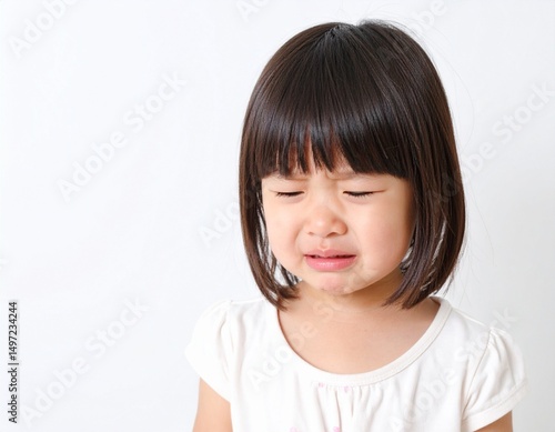 泣いている幼い女の子のポートレート（白背景）