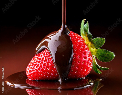 Melted dark chocolate pouring over a fresh strawberr